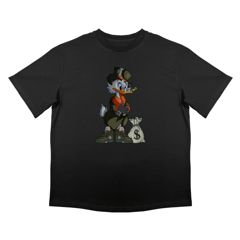 Овърсайз черна тениска, плътен памук. Щампа на анимационен герой. Продуктова снимка.