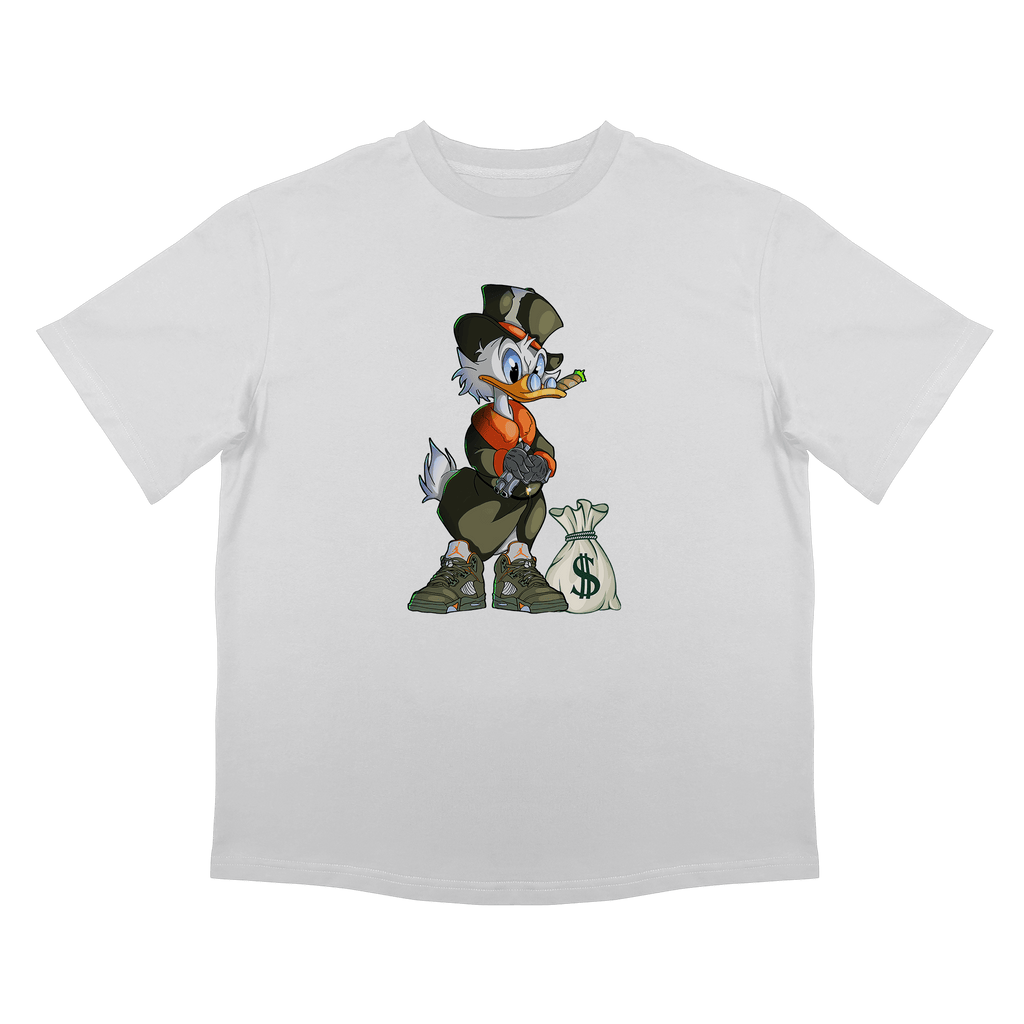 Бяла тениска със забавна щампа на анимационен герой, лош паток. Овърсайз кройка