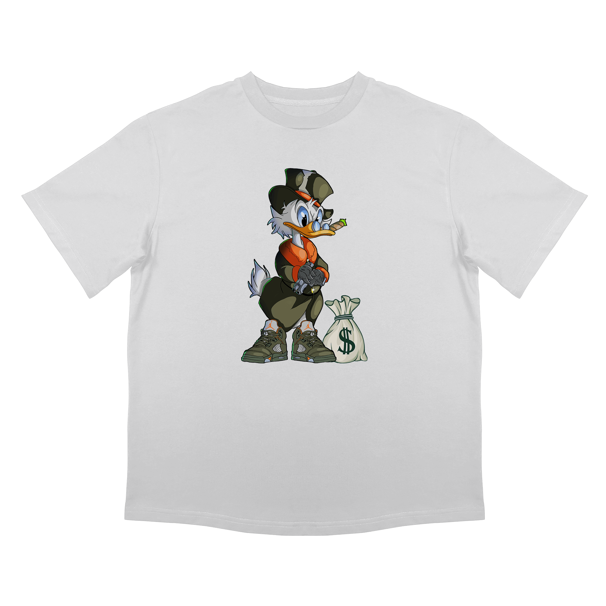 Бяла тениска със забавна щампа на анимационен герой, лош паток. Овърсайз кройка