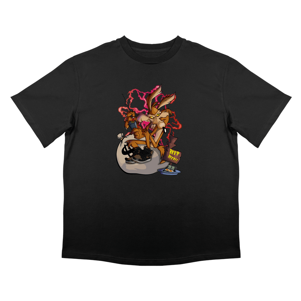 Черна овърсайз тениска с принт на анимационен герой с бомба, дизайн от Lovate, 220 гр памук