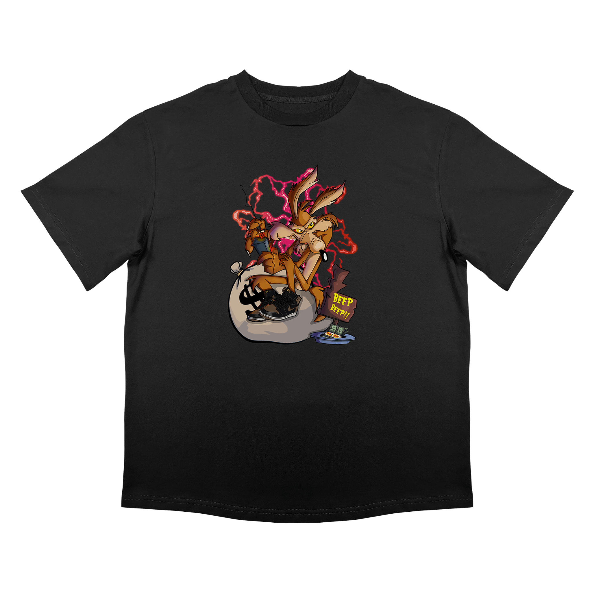 Черна овърсайз тениска с принт на анимационен герой с бомба, дизайн от Lovate, 220 гр памук