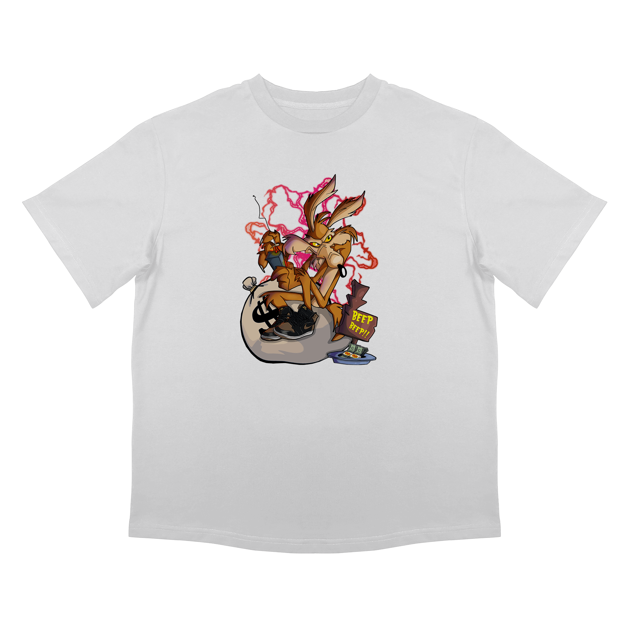 Бяла овърсайз тениска с щур принт за готини хора – арт дизайн, 220 гр памук