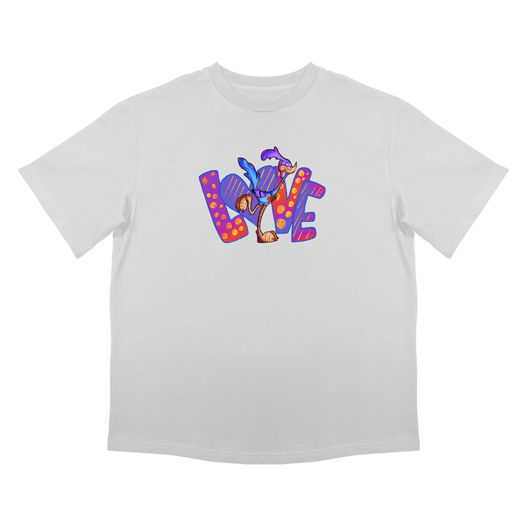 Овърсайз бяла тениска с надпис LOVE  и анимационен герой - снимка отпред