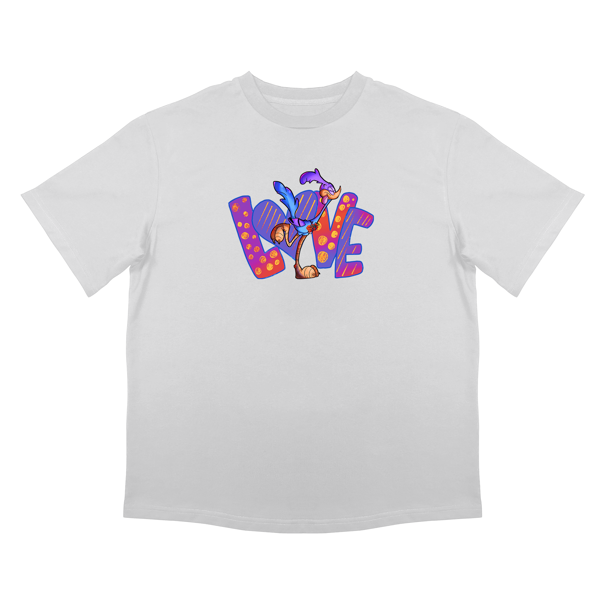 Овърсайз бяла тениска с надпис LOVE  и анимационен герой - снимка отпред