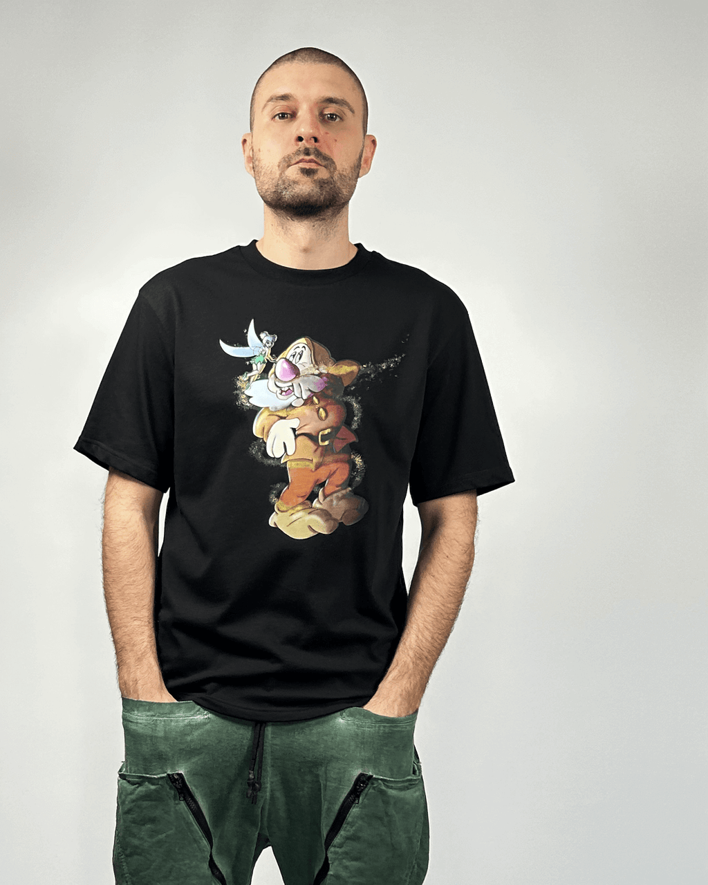 Парти тениска със свободна кройка, плътна памучна материя, черен цвят, забавен принт