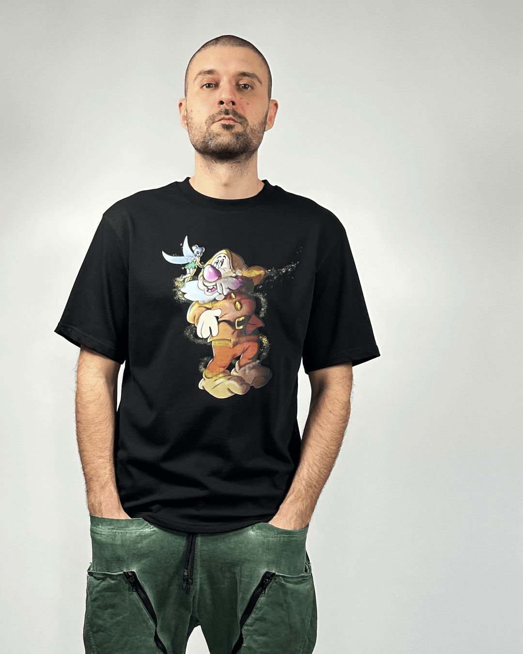 Парти тениска със свободна кройка, плътна памучна материя, черен цвят, забавен принт