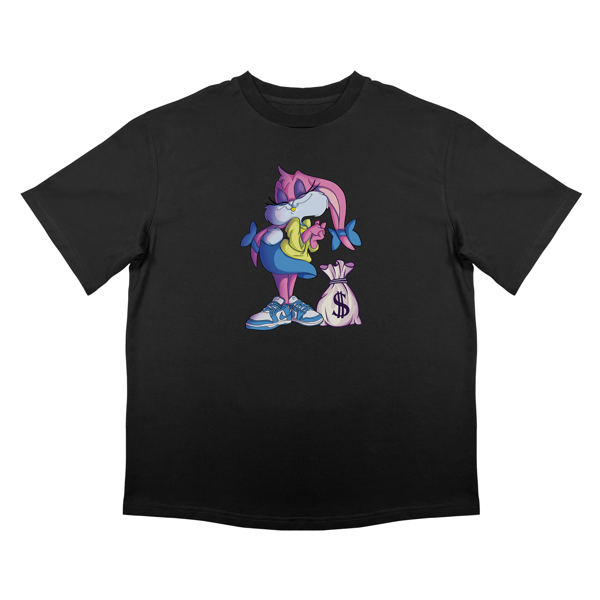 Тениска овърсайз с щампа на сладко алчно зайче с чувал пари, плътен памук, черен цвят