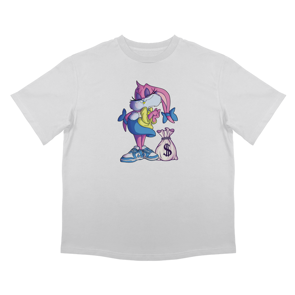 Забавна тениска с дизайн на сладко алчно зайче с чувал пари, плътен памук, бял вариант