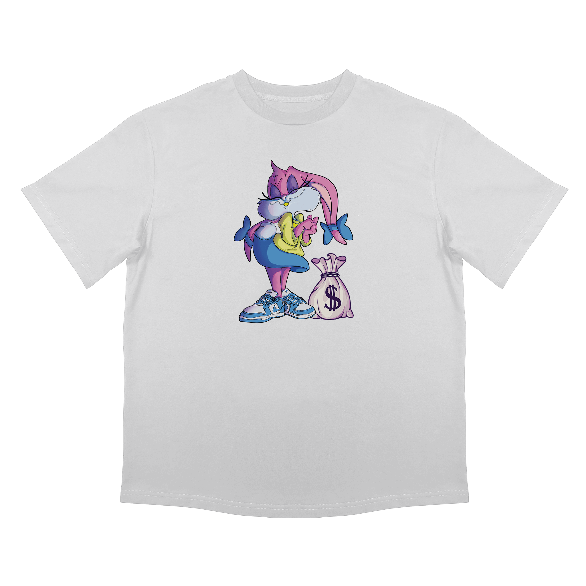 Забавна тениска с дизайн на сладко алчно зайче с чувал пари, плътен памук, бял вариант