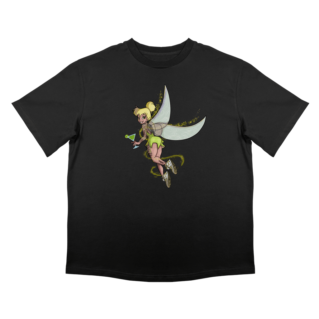 Черна тениска с цветна илюстрация на летяща фея – свободна кройка, плътна памучна материя