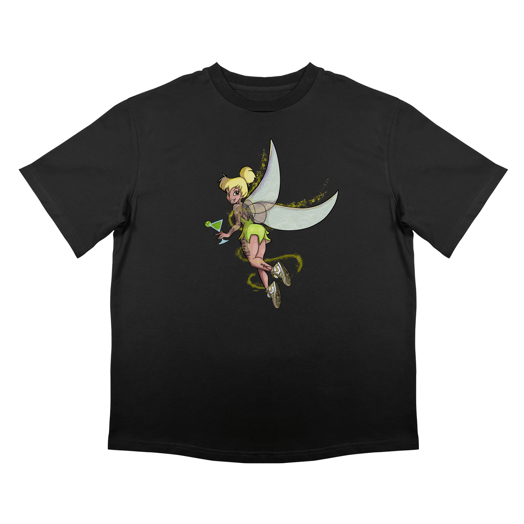 Черна тениска с цветна илюстрация на летяща фея – свободна кройка, плътна памучна материя