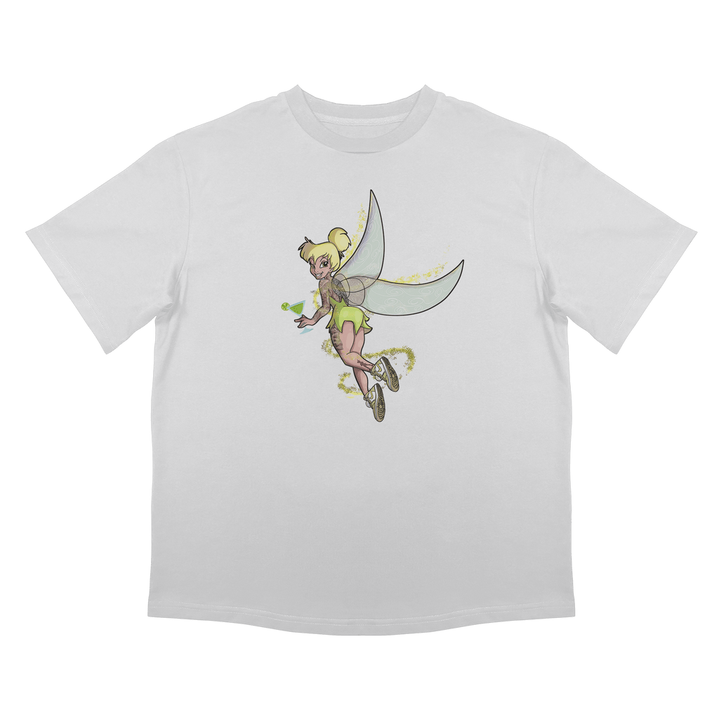 Бяла овърсайз тениска с принт на фея – забавен дизайн, 220 гр памук