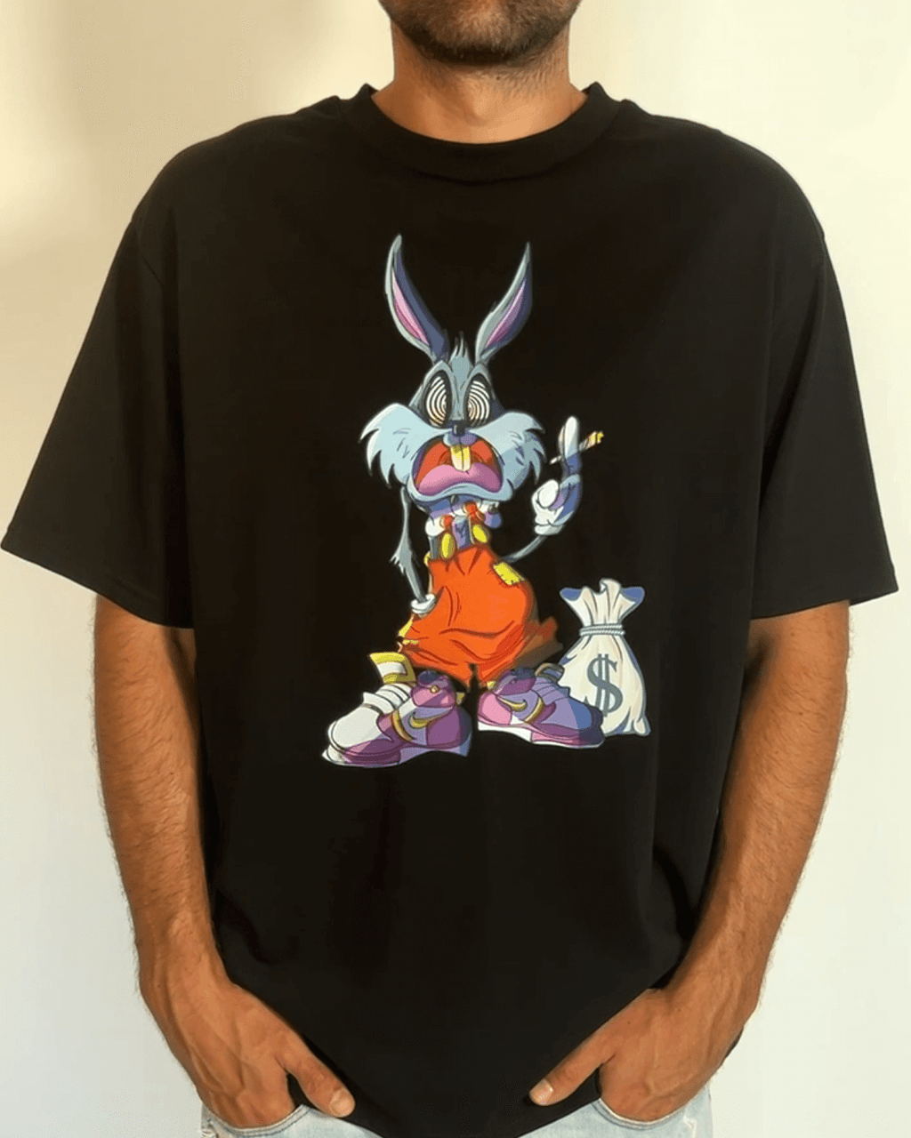 Мъжка тениска с щампа на лошо зайче, свободна кройка, черен цвят