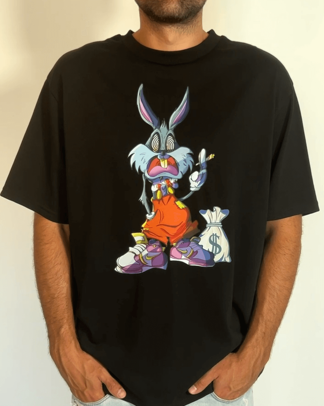 Мъжка тениска с щампа на лошо зайче, свободна кройка, черен цвят