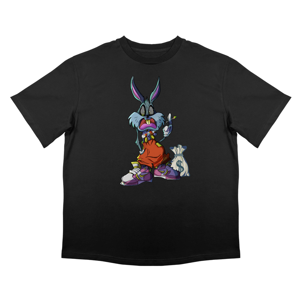 Черна памучна тениска със забавен дизайн, лош богат заек, овърсайз кройка