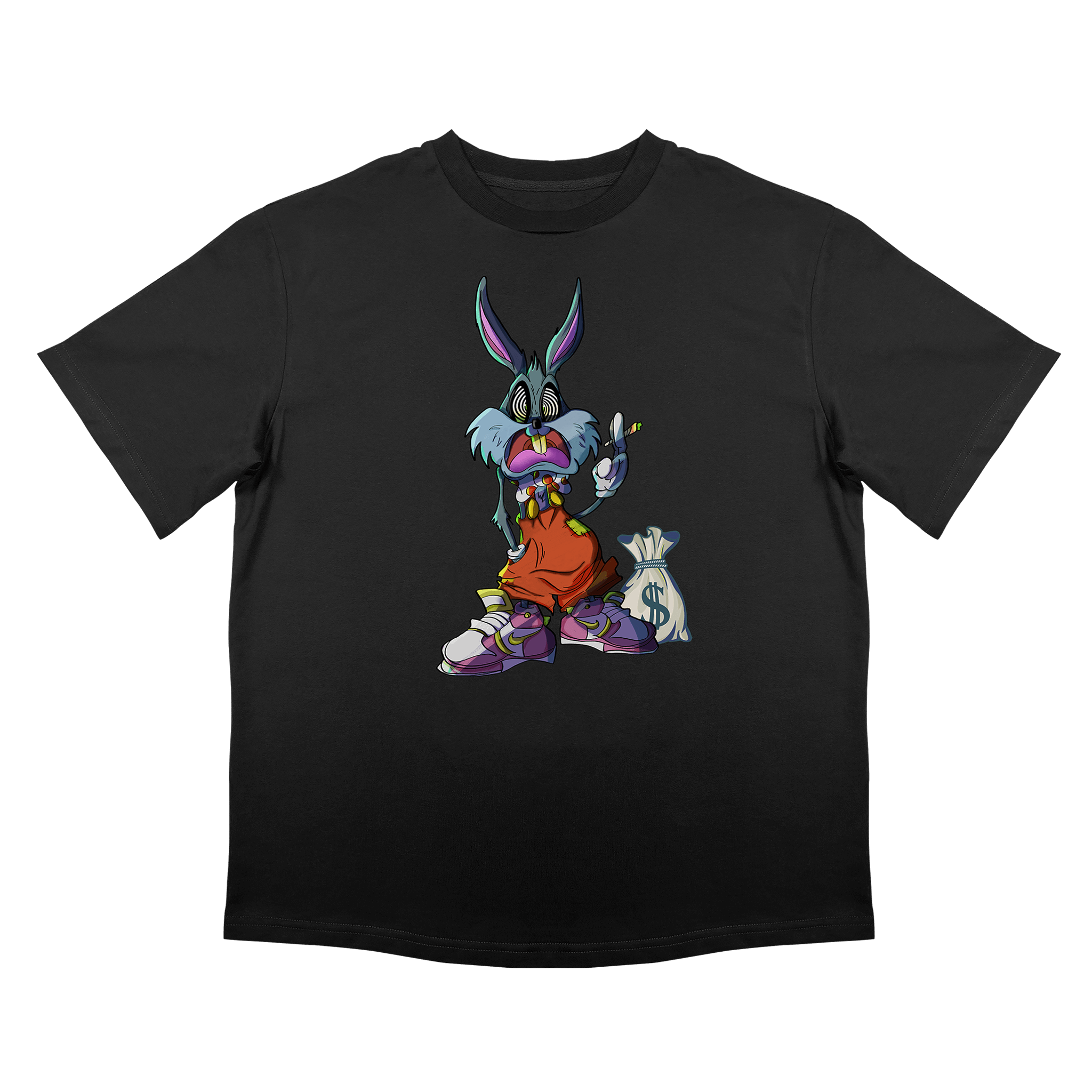 Черна памучна тениска със забавен дизайн, лош богат заек, овърсайз кройка