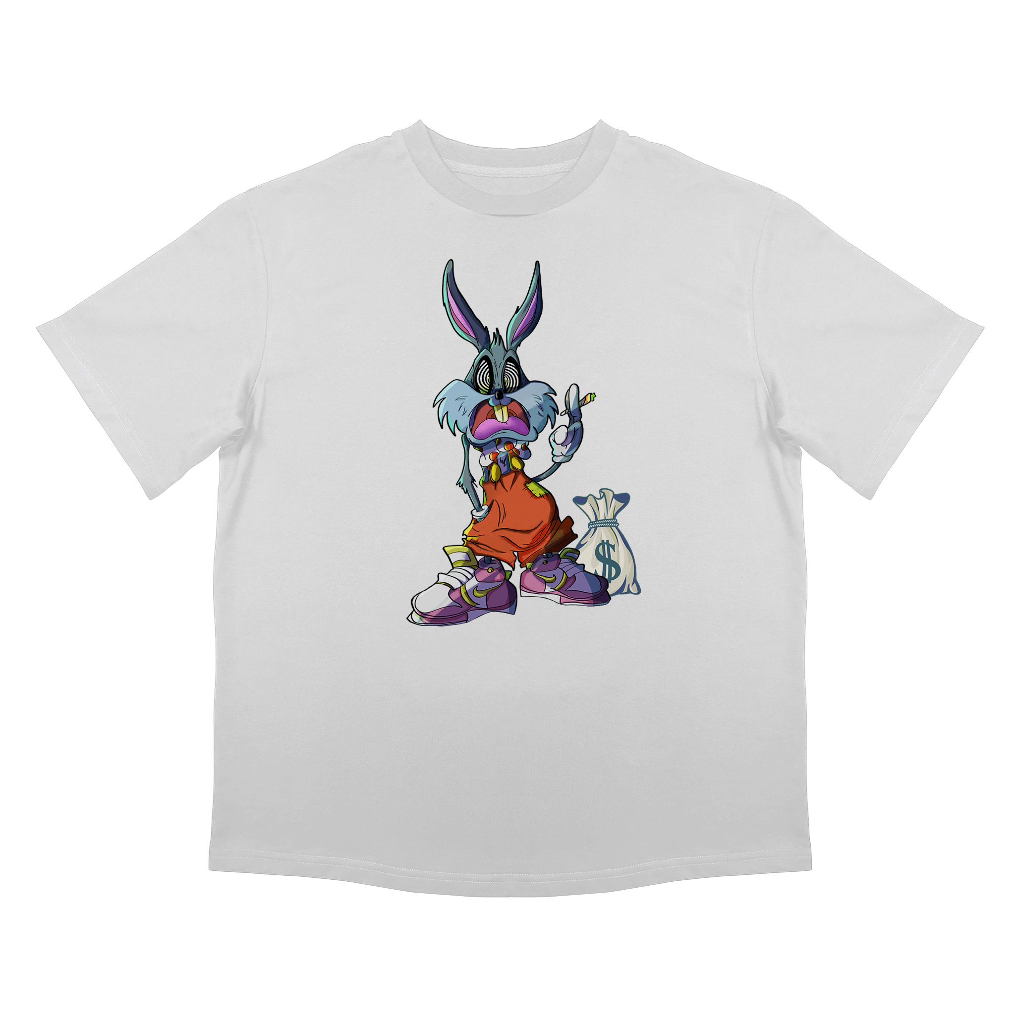 Бяла мъжка тениска Lovate със забавна щампа на богат лош заек, свободен силует