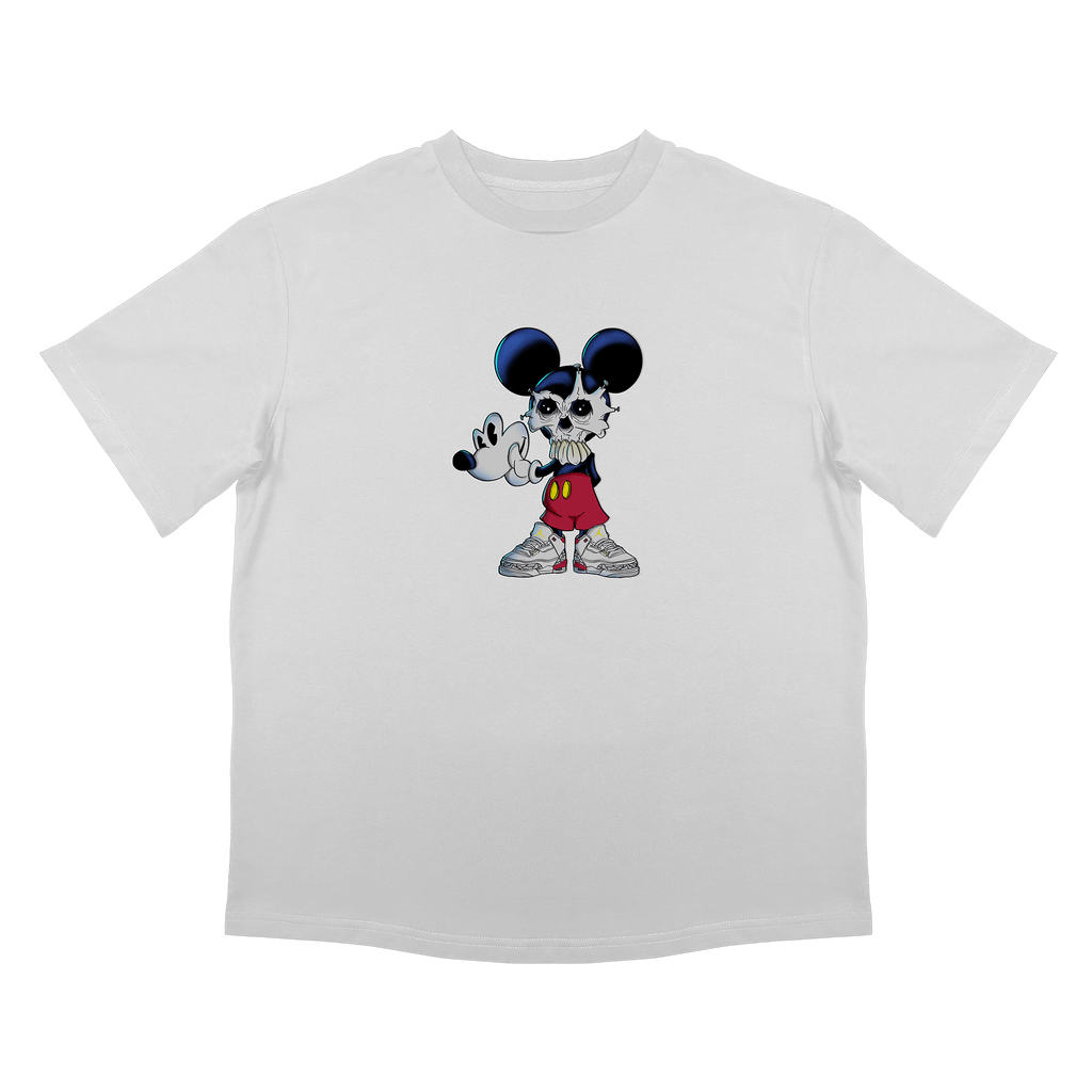 Тениска в бял цвят Lovate. Парти дизайн на див аниомационен герой. Свободен силует, продуктова снимка.